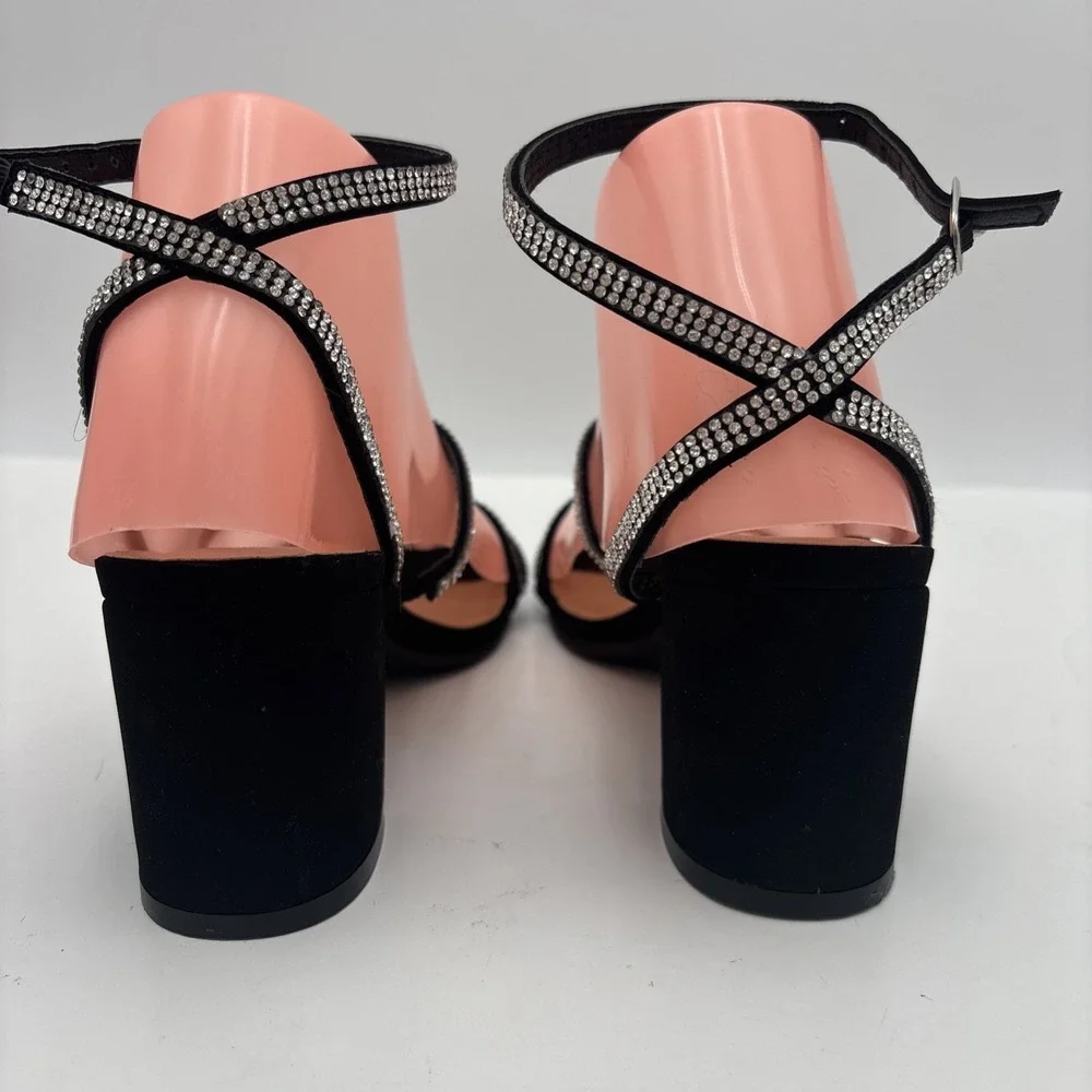 TOP MODA Women's Black/Silver Strappy Rhinestone Ankle Strap Buckle Heel  6.5
